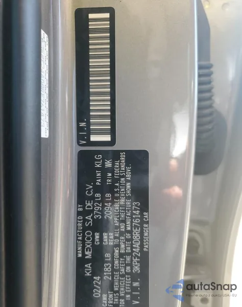 2024 Kia Forte Lx from USA, damaged, VIN 3KPF24AD8RE761473